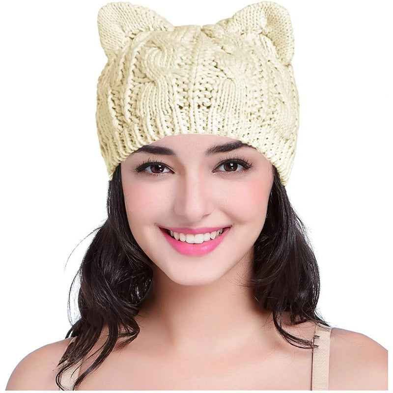 Cat Ears Knitted Beanie Hat for Women