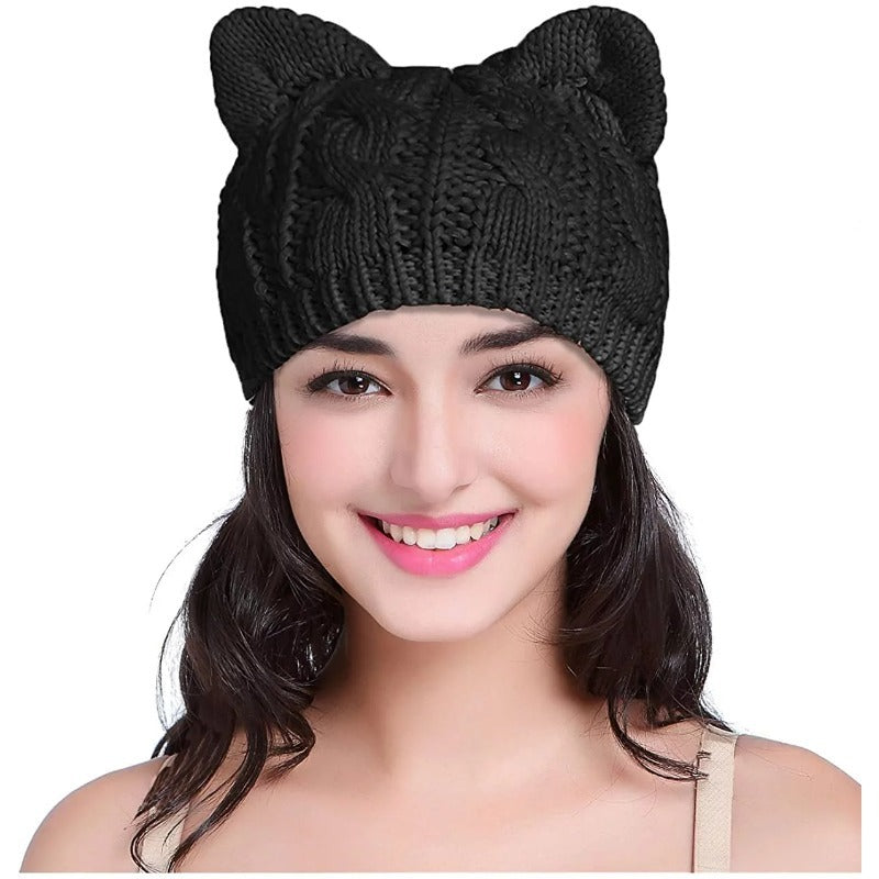 Cat Ears Knitted Beanie Hat for Women