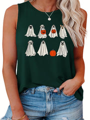 Ghost & Pumpkin Print Round Neck Vest Top