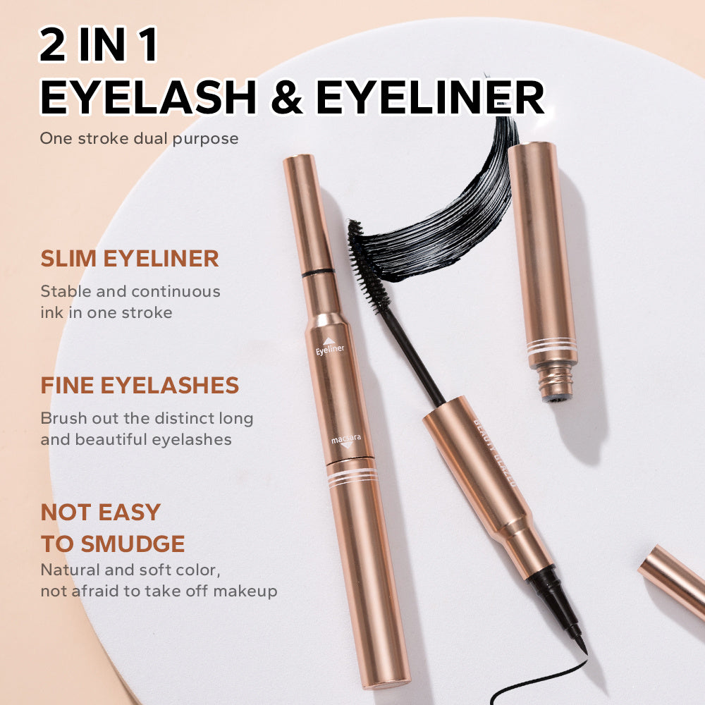 2-in-1 Waterproof Eyeliner Mascara Pen Dual Ended 6D Silk Fiber Curling Mascara