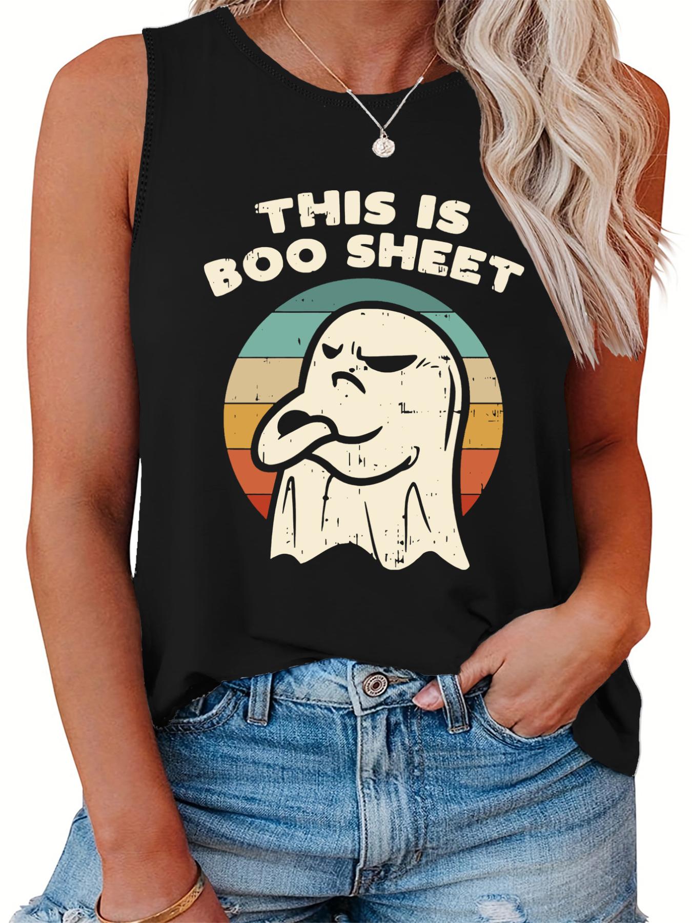 Halloween Tank Top Women's Plus Ghost & Slogan Print