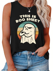 Halloween Tank Top Women's Plus Ghost & Slogan Print