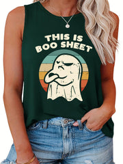 Halloween Tank Top Women's Plus Ghost & Slogan Print