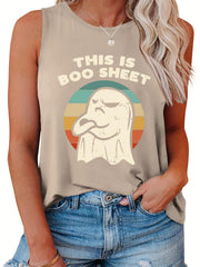 Halloween Tank Top Women's Plus Ghost & Slogan Print