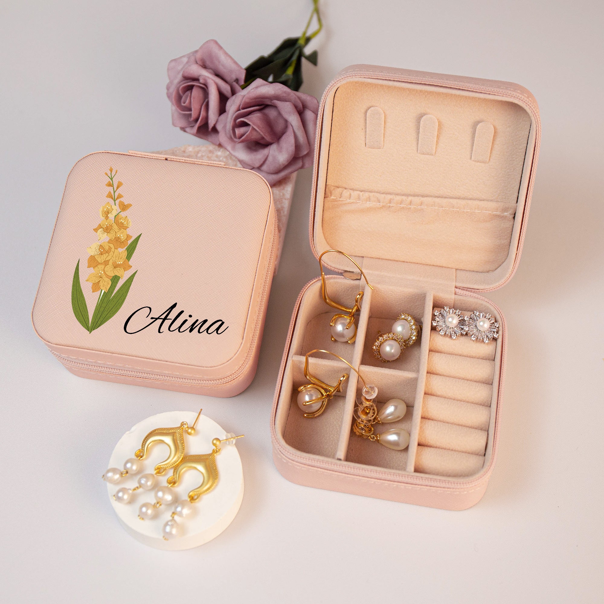Personalized Birthday Flower Jewelry Box - Leather Floral Jewelry Travel Case