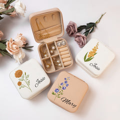 Personalized Birthday Flower Jewelry Box - Leather Floral Jewelry Travel Case