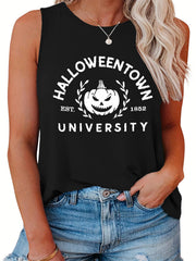 Halloween Casual Tank Top Women's Plus Pumpkin & Letter Print