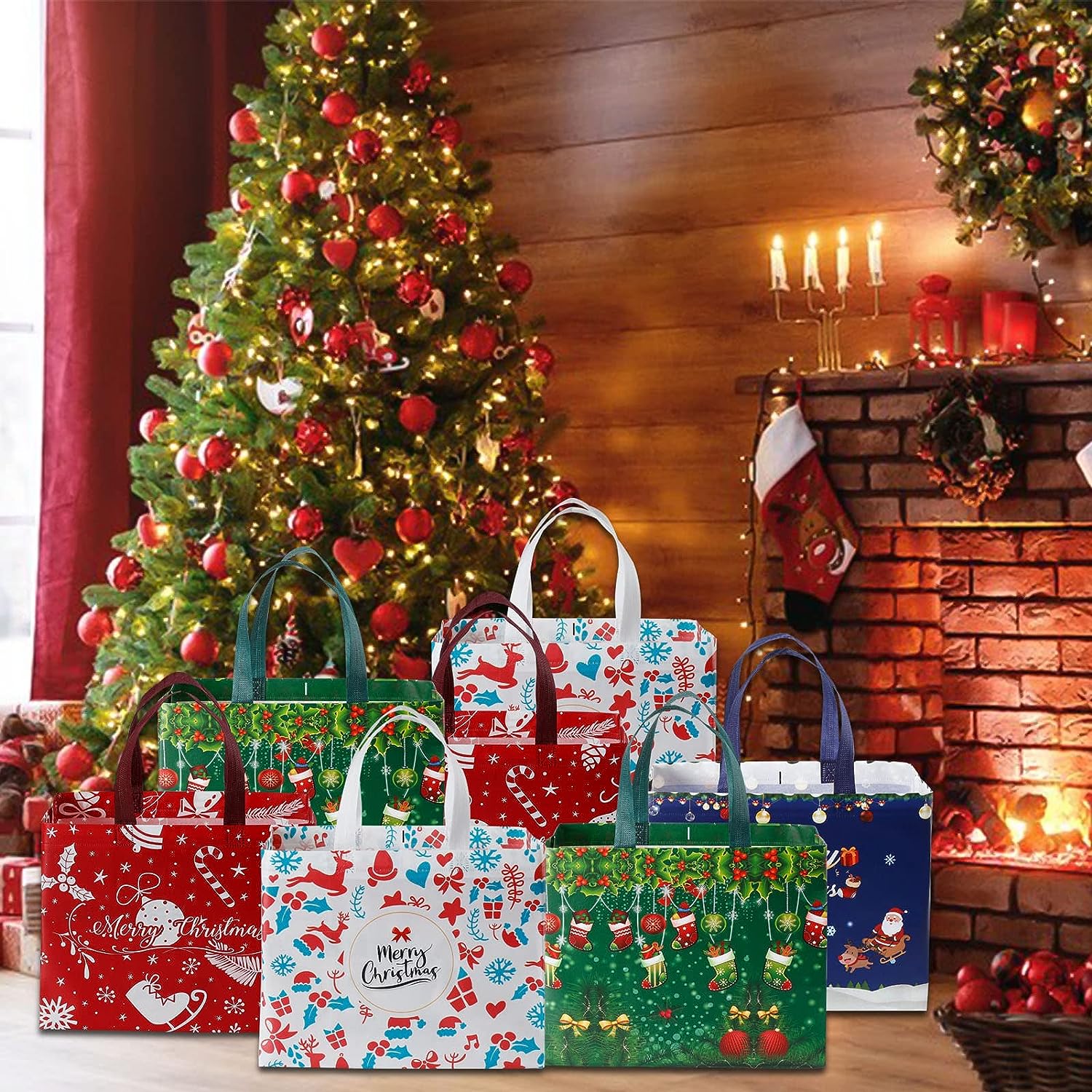 16pcs Christmas Gift Bags - Holiday Bags With Handle - Medium Size