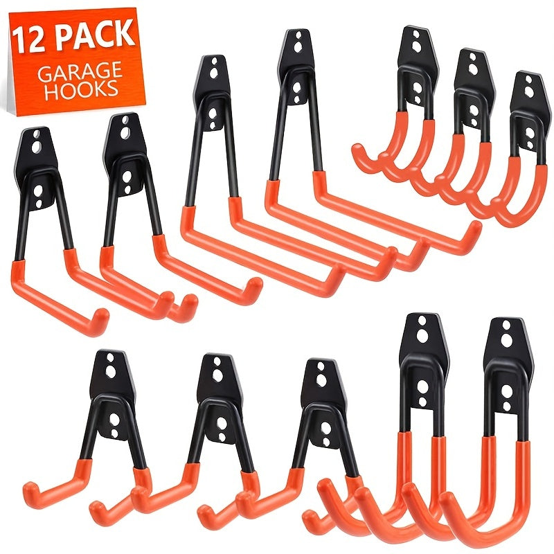 12pcs Garage Hooks Steel Tool Storage Hangers Wall Mounting Anti Slip Coating