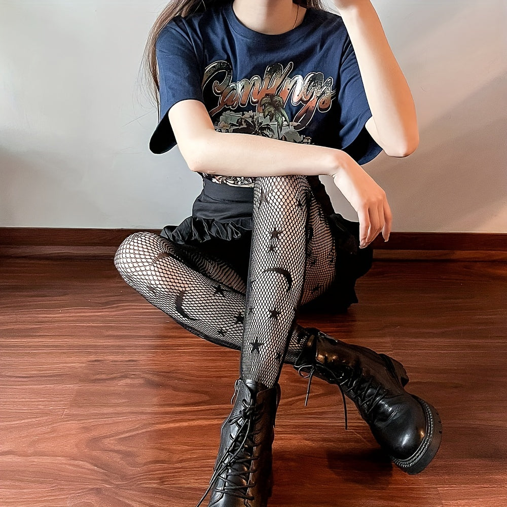 Star & Moon Pattern High Waist Pantyhose