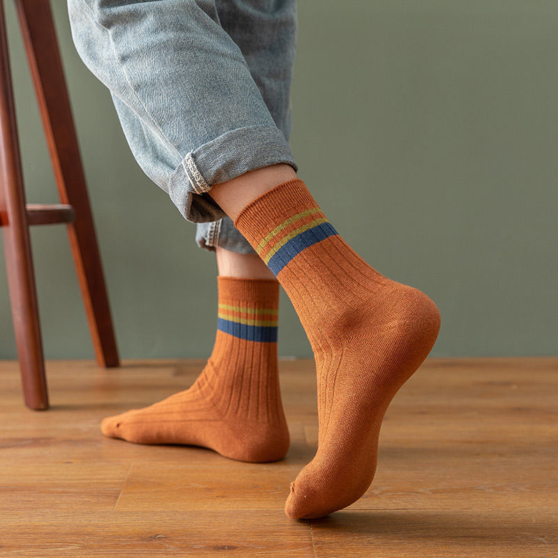 5 Pairs Men's Retro Solid Mid-Calf Socks Spring Autumn