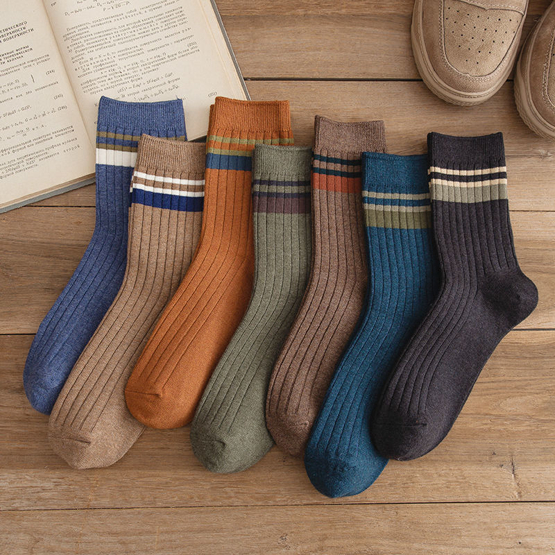 5 Pairs Men's Retro Solid Mid-Calf Socks Spring Autumn