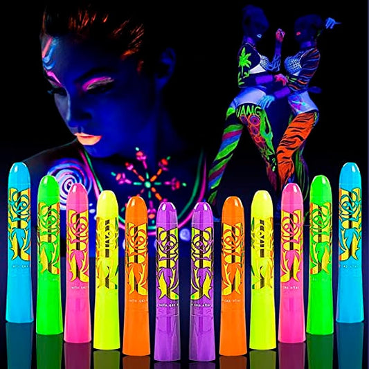 12 Pcs Glow In The Dark Face Body Paint UV Light Glow Makeup Kit