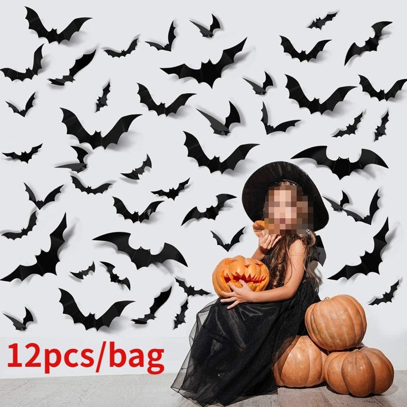 12pcs 3D PVC Bat Halloween Decoration Scary Decor Props Wall Sticker