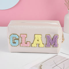 4pcs PU Makeup Bag Chenille Letter Patch Cosmetic Bag Travel Zipper Pouch