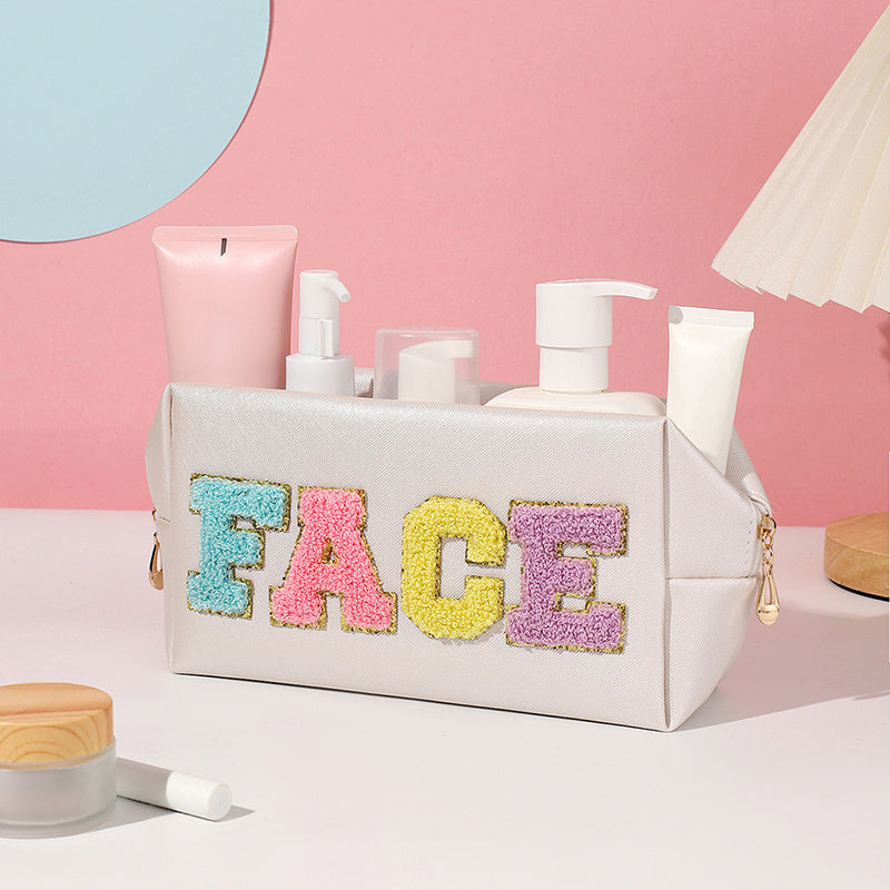 4pcs PU Makeup Bag Chenille Letter Patch Cosmetic Bag Travel Zipper Pouch