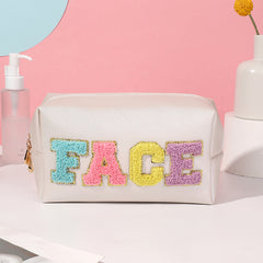 4pcs PU Makeup Bag Chenille Letter Patch Cosmetic Bag Travel Zipper Pouch