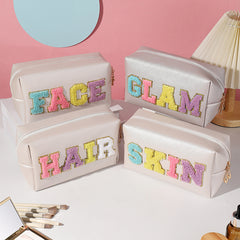 4pcs PU Makeup Bag Chenille Letter Patch Cosmetic Bag Travel Zipper Pouch