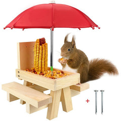 Wooden Squirrel House w/ Picnic Table Umbrella for Outdoor Farm Yard Garden