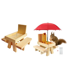 Wooden Squirrel House w/ Picnic Table Umbrella for Outdoor Farm Yard Garden
