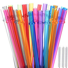 Rainbow Plastic Straws Reusable Long Straws w/ Cleaning Brush for Tumblers