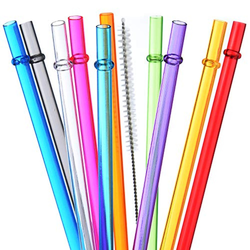 Rainbow Plastic Straws Reusable Long Straws w/ Cleaning Brush for Tumblers