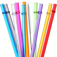 Rainbow Plastic Straws Reusable Long Straws w/ Cleaning Brush for Tumblers