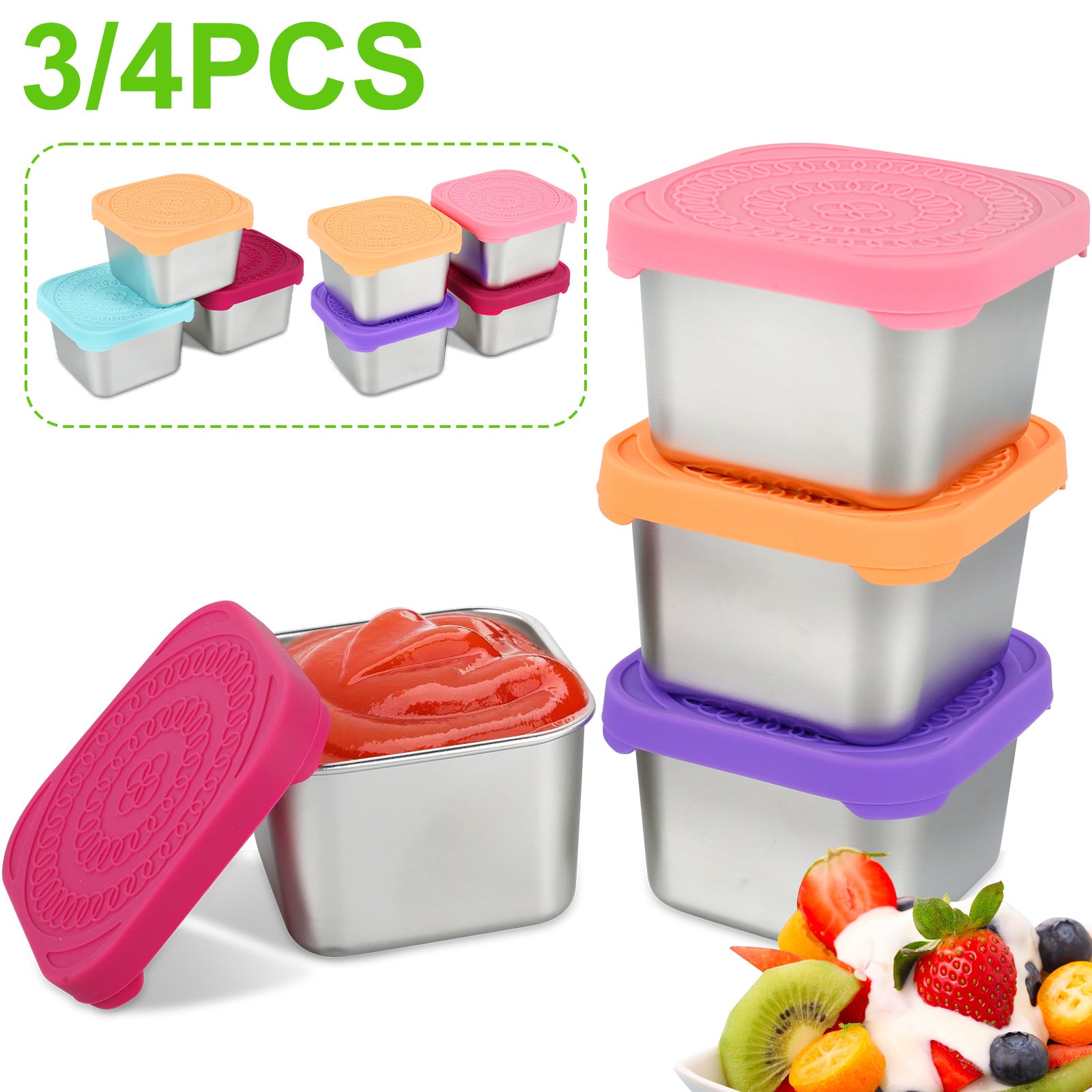 4pcs Stainless Steel Snack Containers with Silicone Lids Leakproof