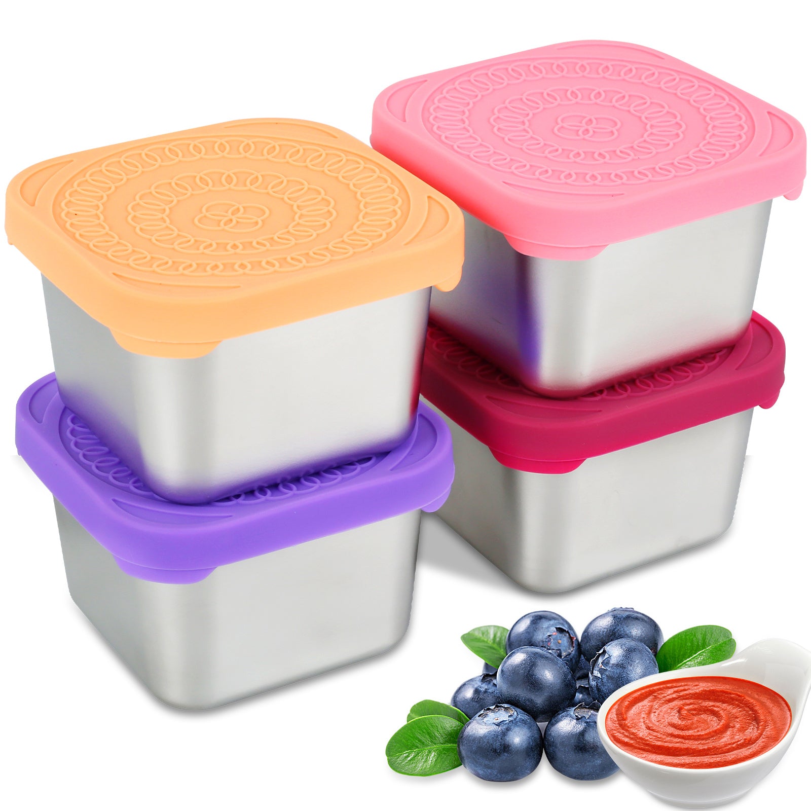 4pcs Stainless Steel Snack Containers with Silicone Lids Leakproof