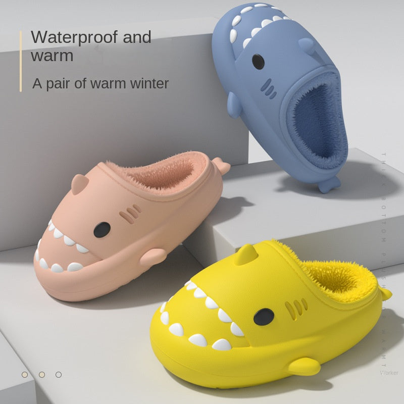Cartoon Shark Fleece House Shoes For Boys Non Slip Soft Indoor Shoes