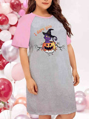 Halloween Nightdress Women's Plus Pumpkin & Cat Print Raglan