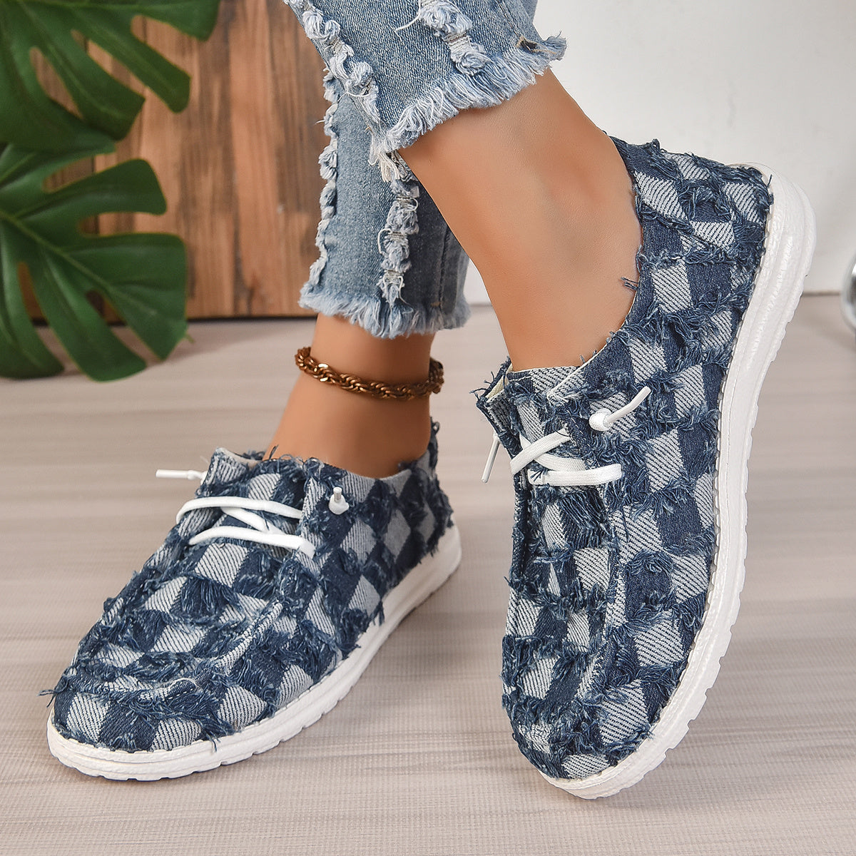 Women's Plaid Raw Trim Casual Sneakers Lace-up Flats