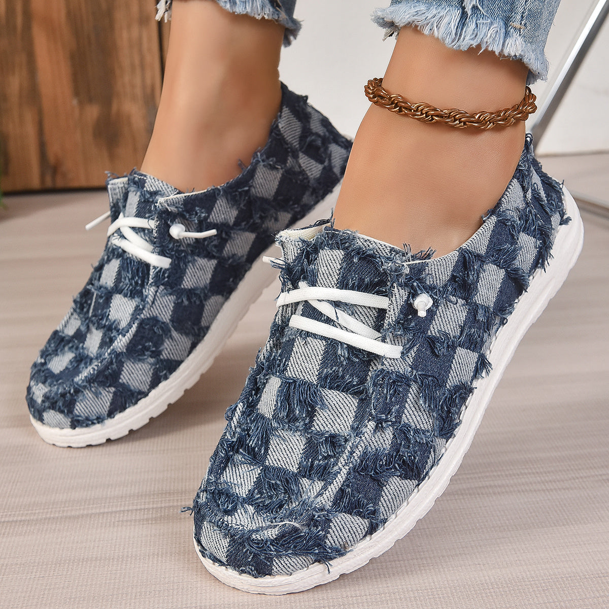 Women's Plaid Raw Trim Casual Sneakers Lace-up Flats