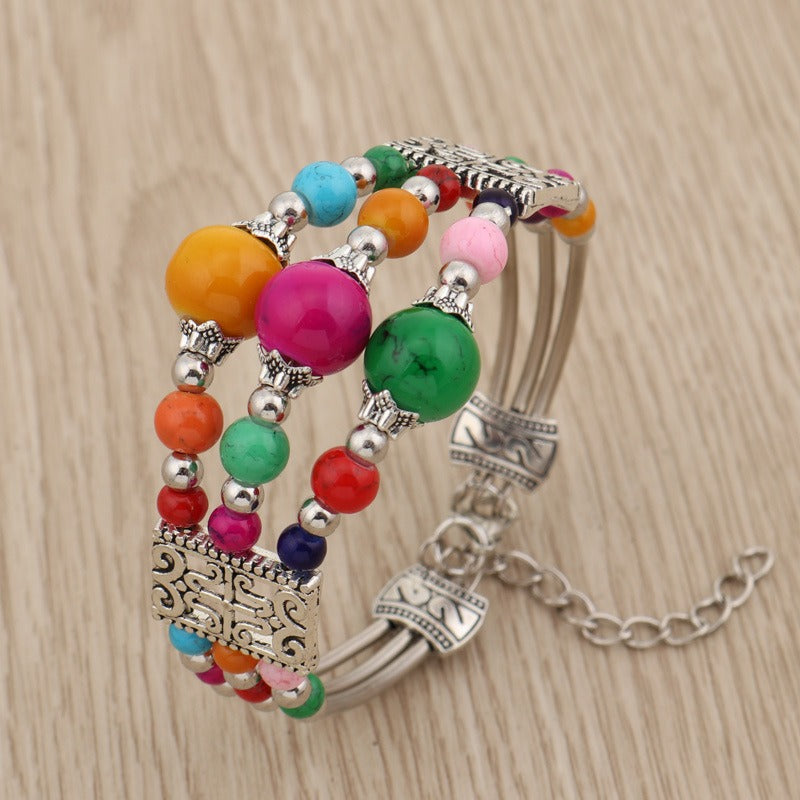 Boho Style Beaded Wide Bangle Turquoise Bracelet