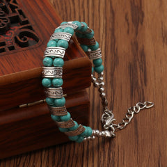 Boho Double Row Turquoise Beaded Silvery Bracelet