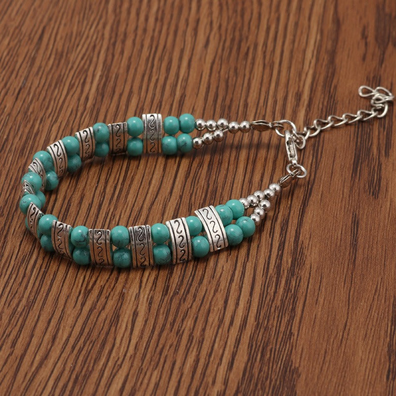 Boho Double Row Turquoise Beaded Silvery Bracelet