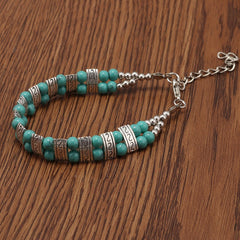 Boho Double Row Turquoise Beaded Silvery Bracelet