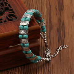 Boho Double Row Turquoise Beaded Silvery Bracelet