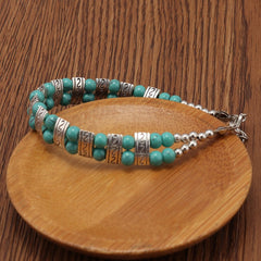 Boho Double Row Turquoise Beaded Silvery Bracelet