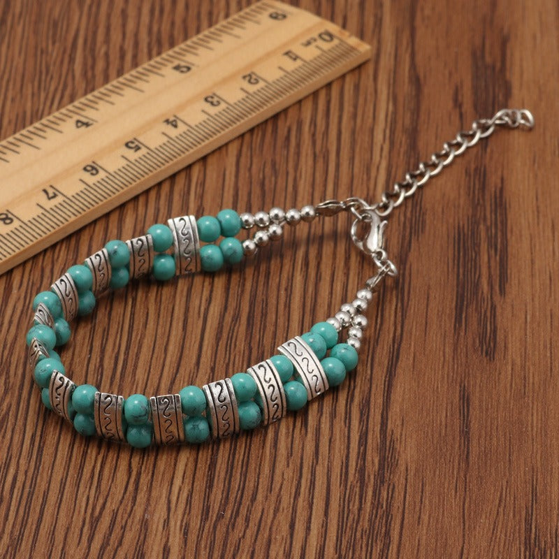 Boho Double Row Turquoise Beaded Silvery Bracelet