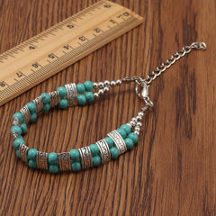 Boho Double Row Turquoise Beaded Silvery Bracelet