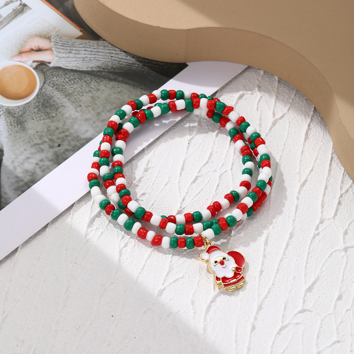 Christmas Jewelry Santa Claus Crystal Pendant Pearl Bracelet