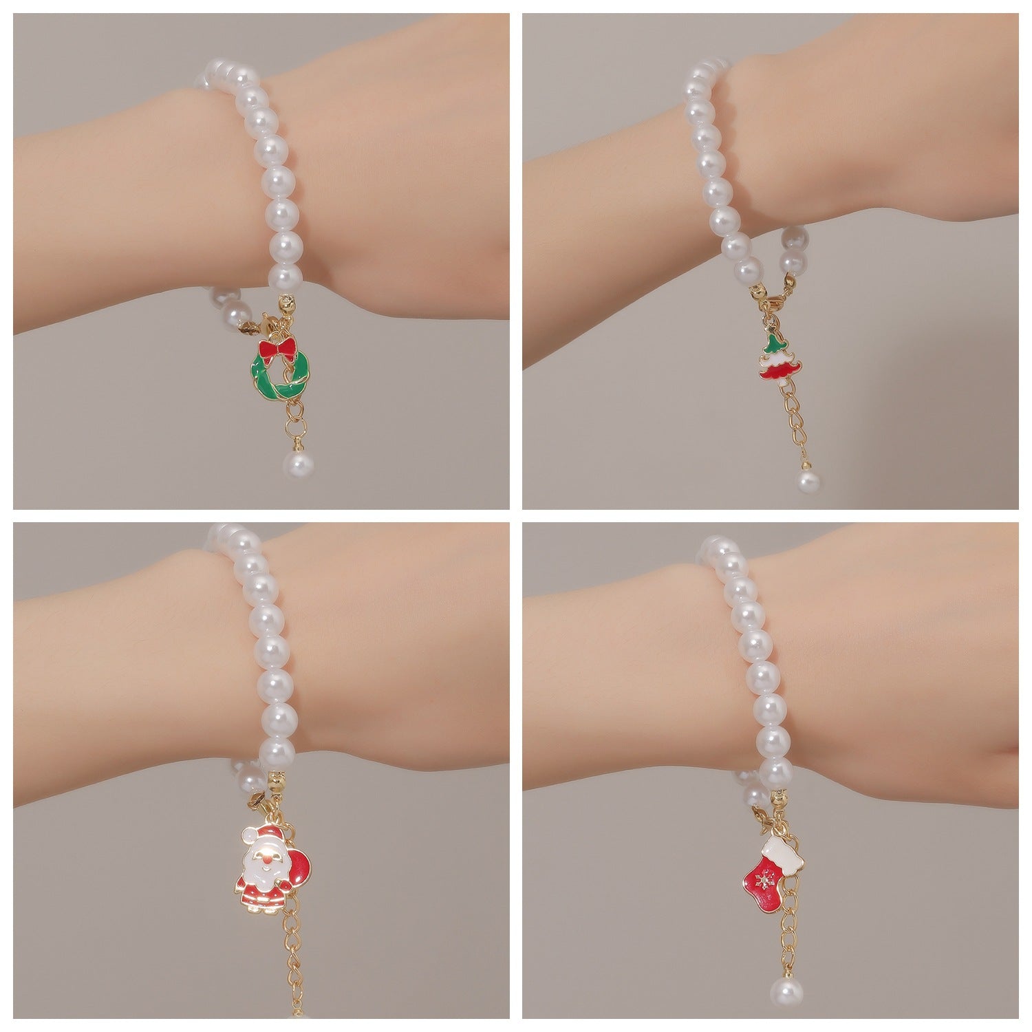 Christmas Jewelry Santa Claus Crystal Pendant Pearl Bracelet