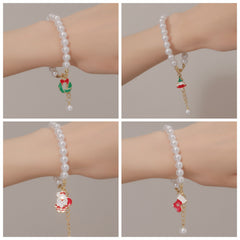 Christmas Jewelry Santa Claus Crystal Pendant Pearl Bracelet