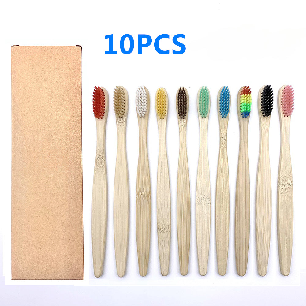 10pc Colorful Bamboo Toothbrush Set Charcoal Teeth Whitening Soft Bristle