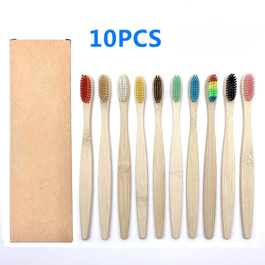 10pc Colorful Bamboo Toothbrush Set Charcoal Teeth Whitening Soft Bristle