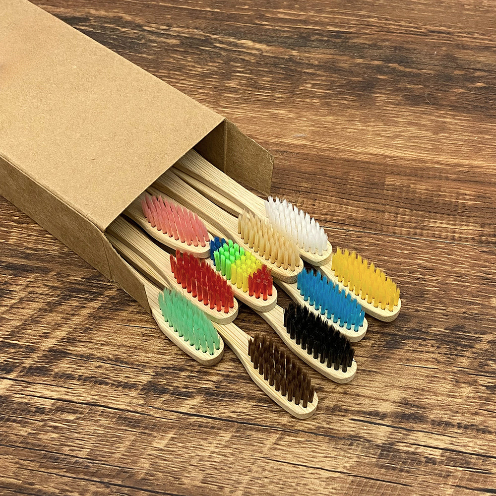 10pc Colorful Bamboo Toothbrush Set Charcoal Teeth Whitening Soft Bristle
