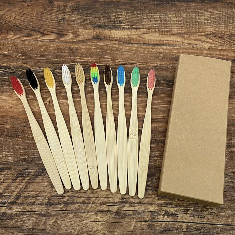 10pc Colorful Bamboo Toothbrush Set Charcoal Teeth Whitening Soft Bristle