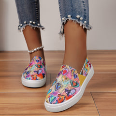 Women's Heart Pattern Loafers Colorful Canvas Shoes Slip-on Flat
