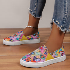 Women's Heart Pattern Loafers Colorful Canvas Shoes Slip-on Flat